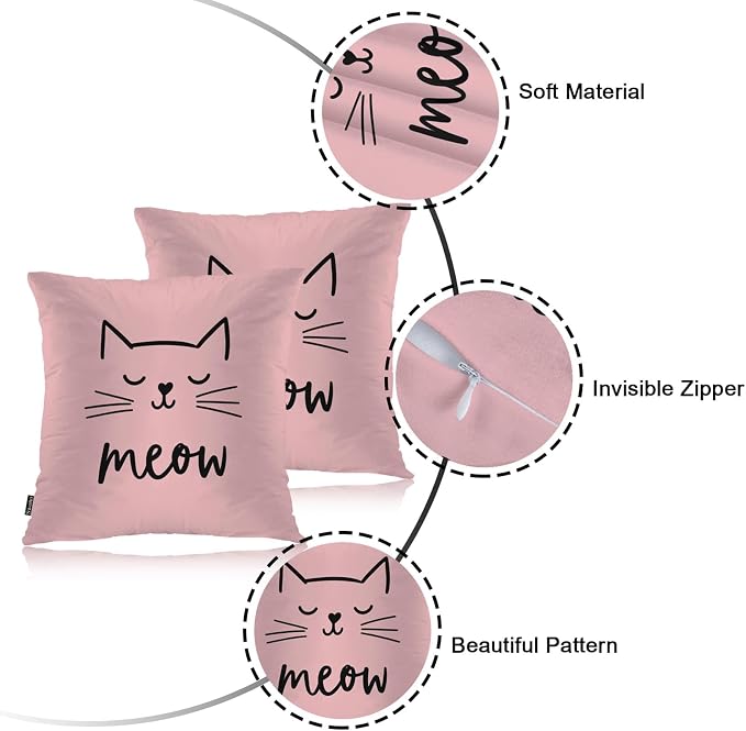 Swono Cat Throw Pillow Covers, Cute Kitten Cat Meow Set of 2 Pillow Cases Decorative 18 X 18 Inches, Soft Cushion Cover Pillowcases for Bedroom, Living Room, Cushion Sofa, Pink
