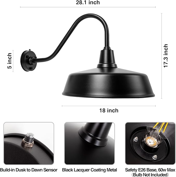 Gooseneck Barn Light, 18inch Dusk to Dawn Black Outdoor Wall Sconce | Weatherproof Steel Exterior Large Lighting Fixture, E26 Base, Easy DIY Install for Porch, Garage, Barn, Farmhouse(1 PC)