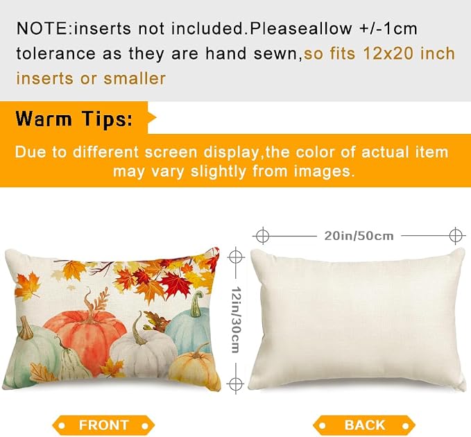 RABUSOFA Fall Pillow Covers 12x20 Inch Set of 2 Thanksgiving Autumn Orange White Teal Pumpkin Maple Leaf Lumbar Harvest Outdoor Waterproof Throw Cushion Cases Fall Decorations for Home Couch Patio