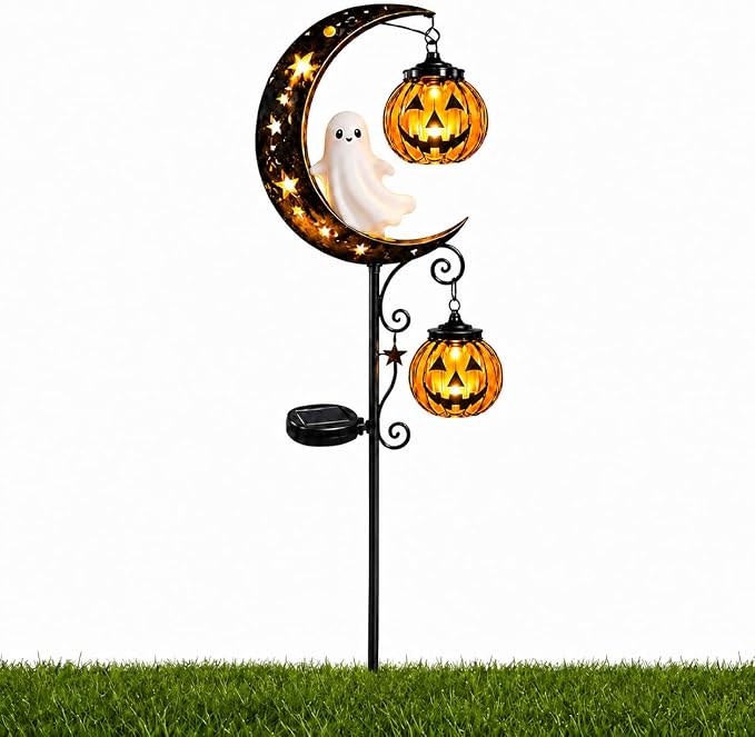 Solar Halloween White Ghost & Pumpkin Moon Garden Stake Light, Outdoor Waterproof LED Yard Decoration with Crescent Moon, Hanging Jack-o'-Lantern Lantern for Garden, Patio, Walkway, Porch(Style D)