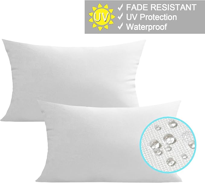 VAKADO 12x20 Lumbar White Outdoor Pillows Waterproof Set of 2 Throw Pillow Covers Decorative Patio Furniture Sunbrella Cushion Cases Outside Decor for Couch Garden Bench Porch