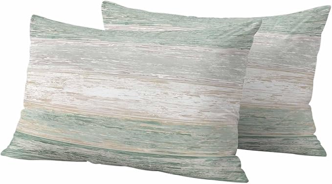 Outdoor Waterproof Throw Pillow Covers, Vintage Sage Green Grey Decorative Pillow Cases, Farmhouse Barn Wooden Striped Couch Pillow Protector Patio Sofa Cushion Covers Replacement 20"x12" 2 Pack