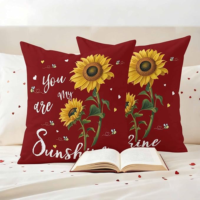 You Are My Sunshine Outdoor Pillow Covers Set of 2 Vintage Country Yellow Sunflower Floral Bees Heart Red Waterproof Throw Pillow Cover Decorative Cushion Cases for Patio Porch Garden 16X16 Inch