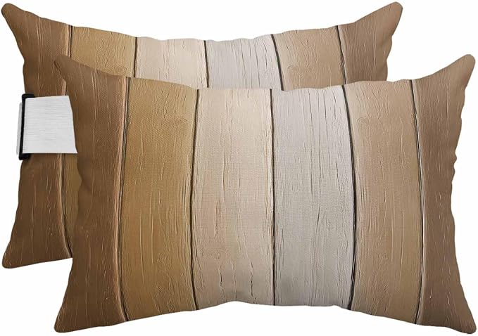Brown Ombre Outdoor Pillows for Chaise Lounge Chair Beach Headrest Pillow Set of 2 Waterproof Lumbar Pillows with Insert&Strap Vintage Country Wooden Recliner Neck Pillow for Patio Pool 12"x20"