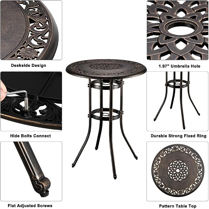 Outdoor Cast Aluminum Round Bar Table with Die Cast Tabletop in One Body and Strong Fixed Ring,Weatherproof Bar Height Cocktail Table with Umbrella Hole and Adjustable Foot Pads,Bronze