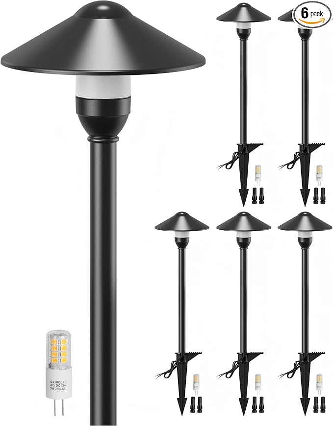 Low Voltage Landscape Lighting 6-Pack, Aluminum 12V Pathway Lights with G4 Bulbs, Waterproof Stylish Matte Black Color Round Shade Path Lights with Connectors for Walkway Yard Garden