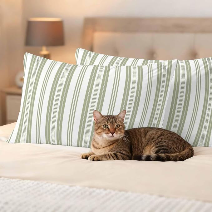 Sage Green Striped Outdoor Waterproof Pillow Covers, Farmhouse Stripes Modern Geometric Decorative Rectangle Throw Pillowcase Sofa Cushion Sham for Patio/Couch/Chair, 20"x12" 2 Pack