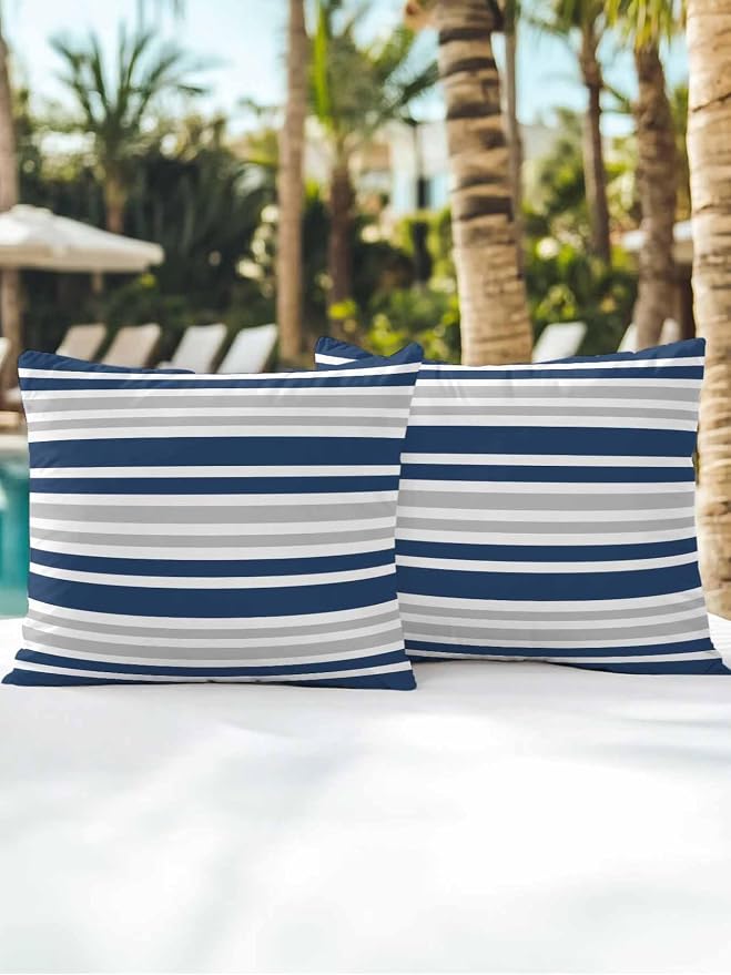 Outdoor Waterproof Throw Pillows Classic Modern Striped Patio Pillows Pack of 2,Decorative Pillow Covers with Insert,Pillow Cushion Case for Garden Couch Sofa Grey White Navy Blue