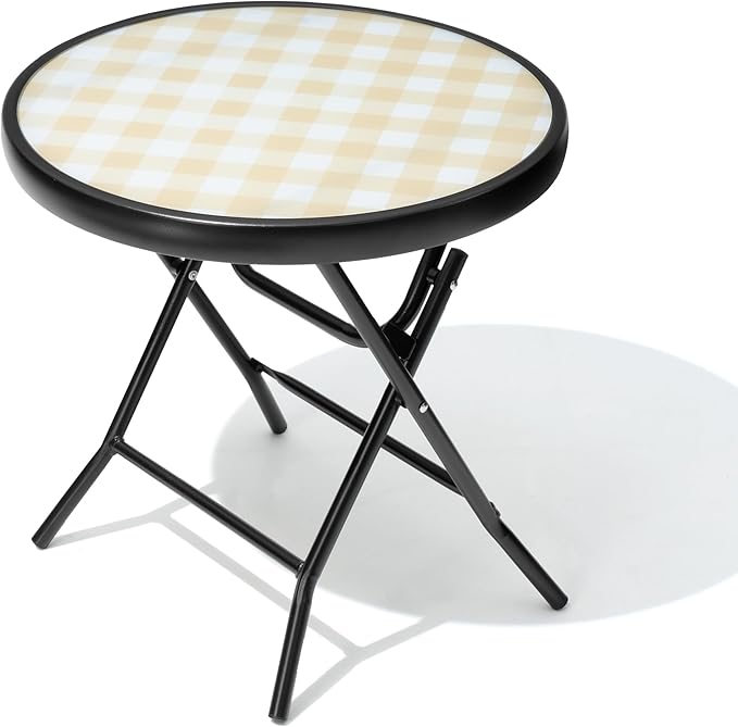 Foldable Patio Side Tables, 17.7" Small End Table Outdoor Weatherproof, Round Glass Top Outside Folding Table for Poolside, Balcony, Yard, Porch（Yellow）