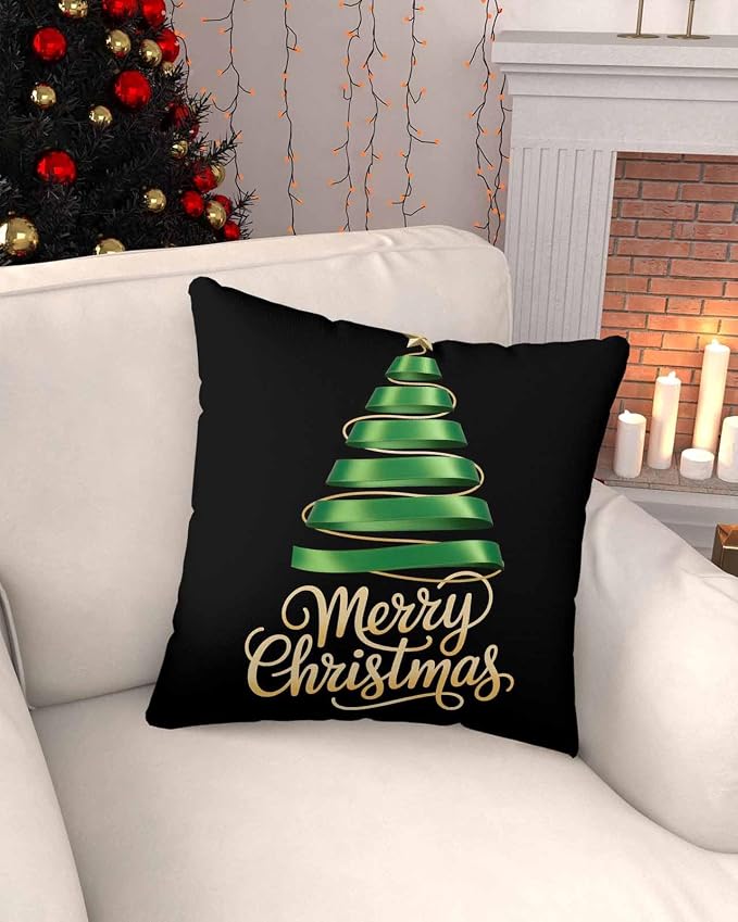 Black Christmas Tree Outdoor Pillow Covers 18 x 18 Inches, Green Xmas Tree with Star Waterproof Throw Pillow Cover Set of 2, Christmas Black Decorative Square Cushion Covers for Patio/Couch