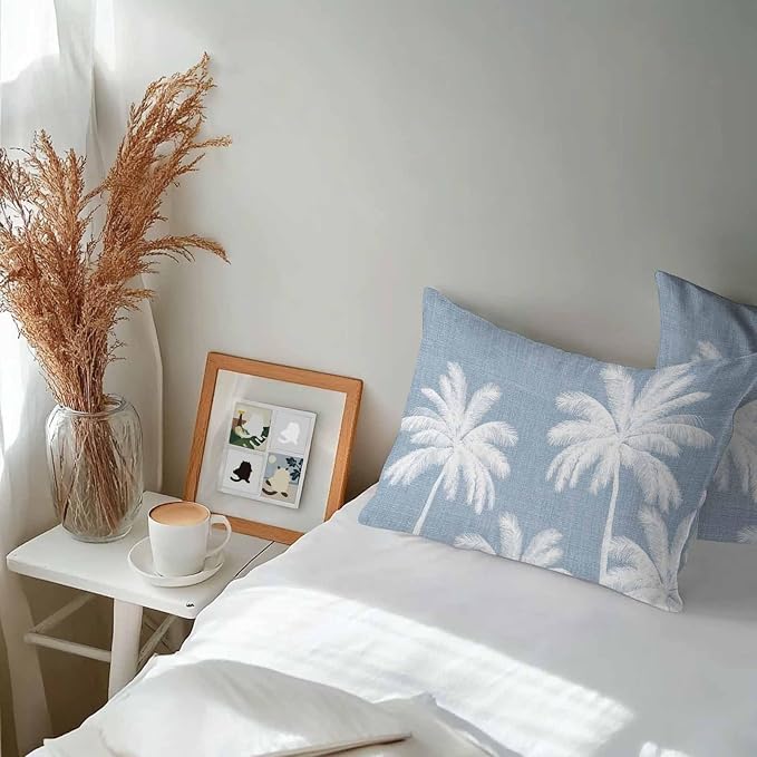 Lumbar Pillow Covers 20x12 Inch Set of 2, Light Blue Palm Trees Waterproof Outdoor Pillow Covers, Farmhouse Tropical Summer Beach Decorative Cushion Pillowcases for Couch, Sofa, Bed, Garden, Patio