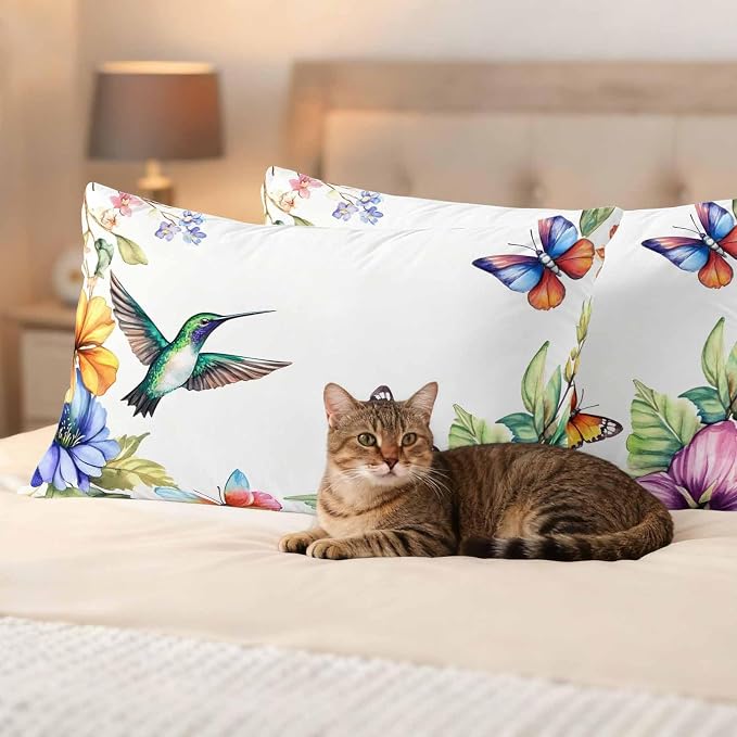 Spring Flowers Bird Outdoor Waterproof Throw Pillow Covers Set of 2, 20"x12", Hummingbird Butterfly Rustic Decorative Pillow Covers Outside Cushion Case for Patio Porch Garden