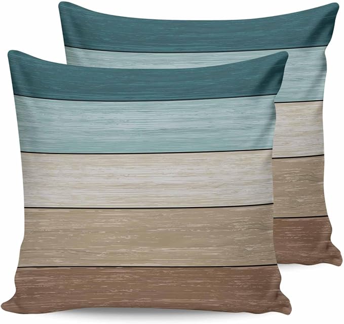 Vandarllin Outdoor Throw Pillow Covers 20X20 Set of 2 Waterproof Teal Blue Brown Decorative Zippered Cushion Covers for Patio Furniture, Farmhouse Retro Rustic Barn Wood Texture Lumbar Pillowcases