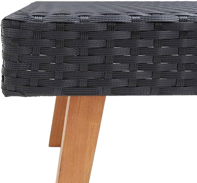 Outdoor Coffee Table, Black PE Rattan and Powder-Coated Steel Patio Table with Eucalyptus Wood, Square Low Profile Furniture for Garden, Terrace, and Balcony, 27.6 x 27.6 x 13 Inches