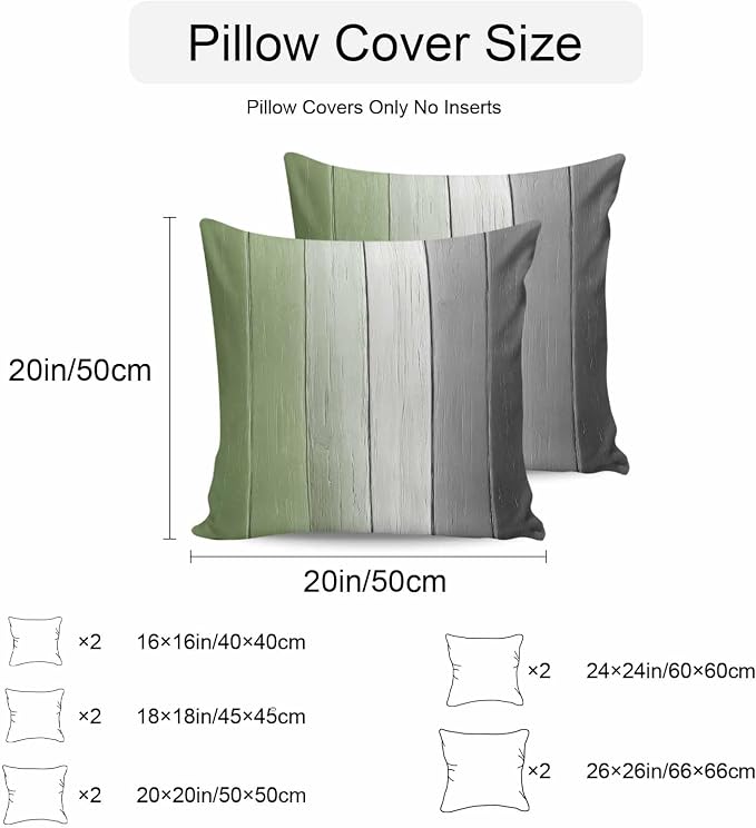 Throw Pillow Covers 24x24 Inch Set of 2, Sage Green Gray Ombre Waterproof Outdoor Cushion Covers, Vintage Country Wooden Decorative Pillowcases for Couch, Sofa, Bed, Garden, Patio