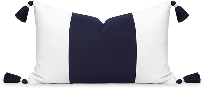 Hofdeco Premium Coastal Patio Outdoor Performance Lumbar Pillow Cover Only, 12"x20" Water Repellent, UV and Fade Resistant for Backyard, Couch, Dark Navy Blue Color Block with Tassels