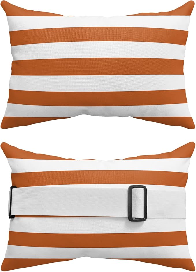 T&H XHome Outdoor Pillow for Chaise Lounge Chair, Orange White Stripe Waterproof Headrest Pillow Lumbar Pillows with Adjustable Elastic Strap for Beach, Poolside, Patio, Office (2 Pack)