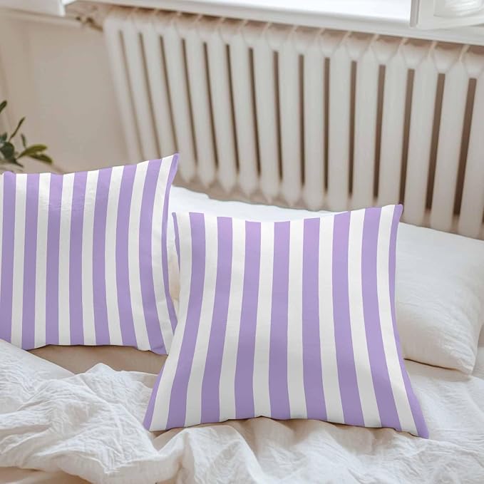 Purple Striped Outdoor Waterproof Throw Pillow Covers 26x26 Set of 2, Modern Farmhouse Purple White Stripes Decorative Pillowcases Cushion Pillowcase for Couch Sofa Patio Outside Pillow Protector