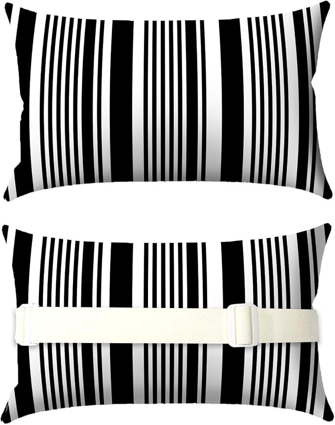Outdoor Pillows for Lounge Chair Head Resting 2 Pack Waterproof | Headrest Lumbar Pillows with Adjustable Strap for Recliner Beach Pool Lounger Chair, Black White