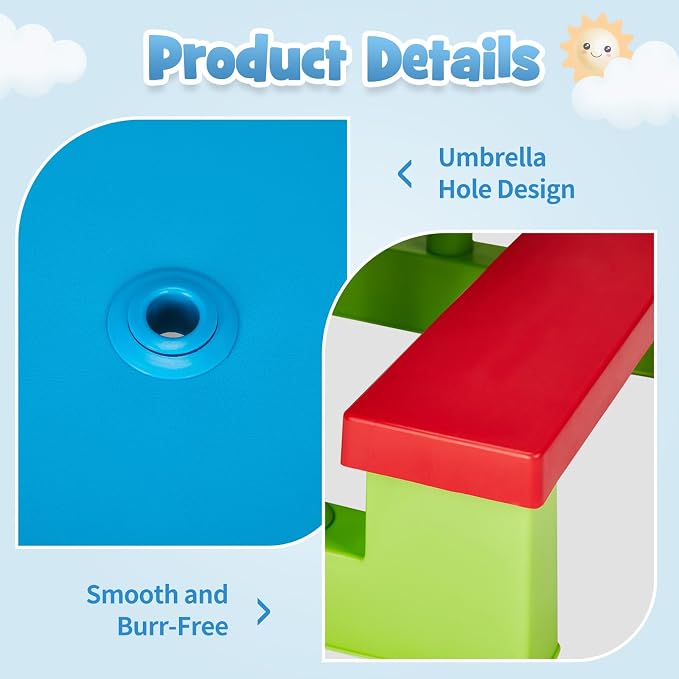 Kids Table and Chair Set, Toddler Plastic Outdoor Table & Bench Set with Removable Umbrella, Children Picnic Table Fits 4 Children for Backyard Garden, Red & Green & Blue