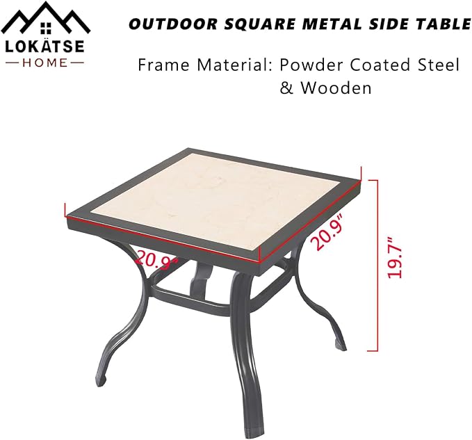 LOKATSE Home Outdoor Patio Bistro Side End Table Square Metal Frame Removable Tile Table Top Dining Coffee Table for Garden Swimming Pool Outdoor Patio Furniture