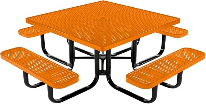 COATEDOUTDOORFURNITURE Heavy-Duty Portable Outdoor Kids Table with Umbrella Hole, Punched Steel Kids Picnic Table, Commercial-Grade, Made in America (46 in, Square, Childrens, Orange)
