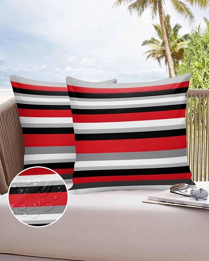 Pack of 2 Red Black Grey Stripes Outdoor Pillow Waterproof Covers 20x20 inch, Geometric Mexican Style Polyester Throw Pillow Covers Garden Cushion Decorative Case for Patio Couch Decoration