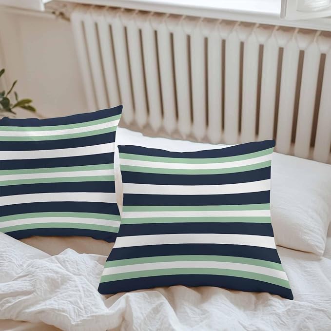 Green Navy Blue Striped Outdoor Pillow Covers Waterproof, All Weather Cushion Case Set of 2, Chic Abstract Lines Geometric Decorative Pillowcases for Sofa Couch Bed Decor Patio Furniture 18"x18"