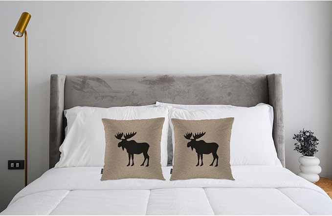 Swono Moose Decorative Throw Pillows Covers, Wild Animal Moose Elk Burlap Cabin Square Pillow Cushion Covers for Man Woman, Pillowcases Decor for Home Sofa Bed Garden, 2 Packs, 18x18 Inch, Brown