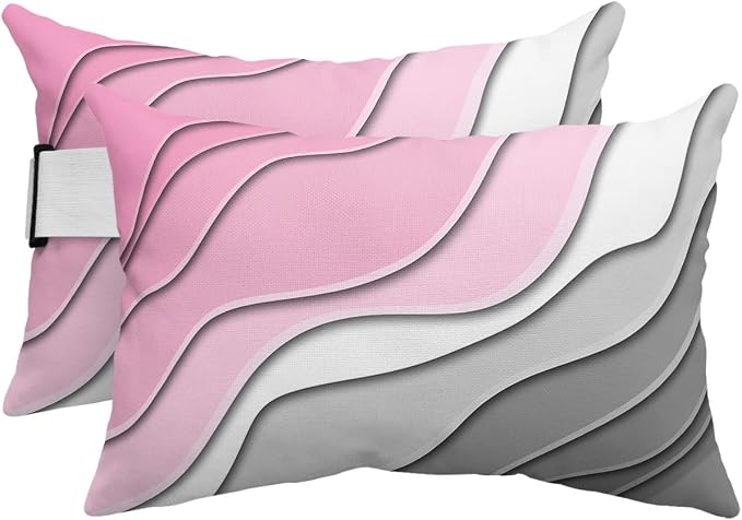 Geometric Ombre Lounge Pillows Outdoor, Aesthetic Pink Grey White Gradient Abstract Head Pillows, Modern Waterproof Patio Furniture Lumbar Pillows with Adjustable Elastic Strap for Recliner Beach