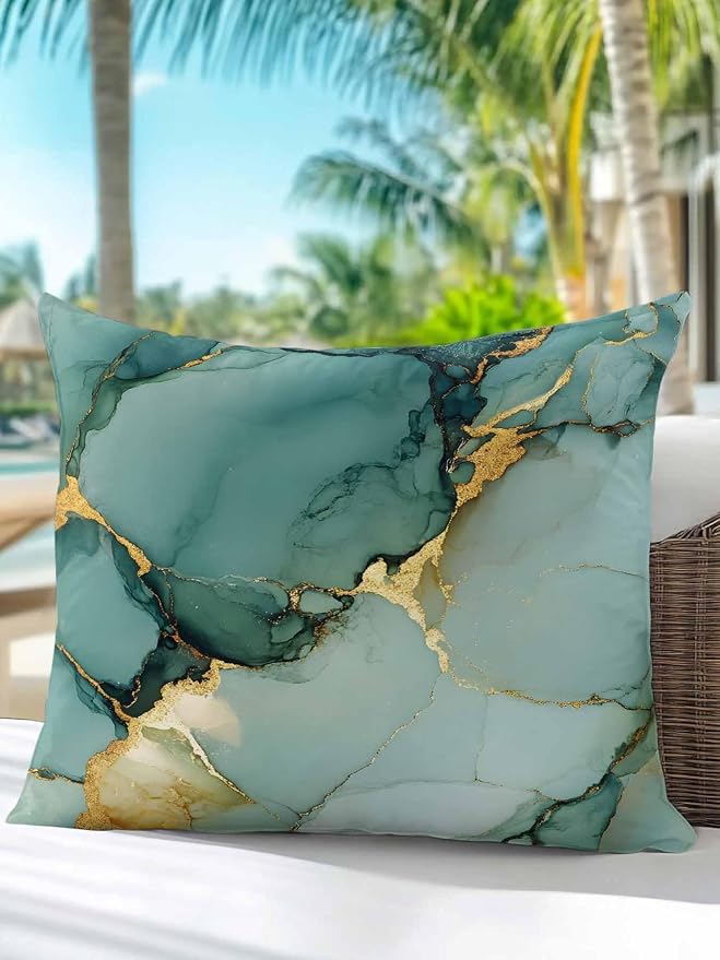 1 Pack Outdoor Throw Pillow, Teal Ombre Marble Waterproof Pillow with Insert Included, Modern Ink Painting Abstract Decorative Accent Cushion Sofa Pillows for Patio Porch, 18 x 18 in