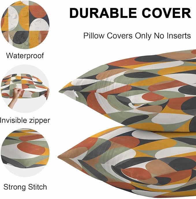 Vandarllin Outdoor Throw Pillows Covers 16x16 inch Set of 2 Waterproof Mid Century Geometric Decorative Zippered Cushion Covers for Patio Furniture, Abstract Modern Retro Lumbar Pillowcases