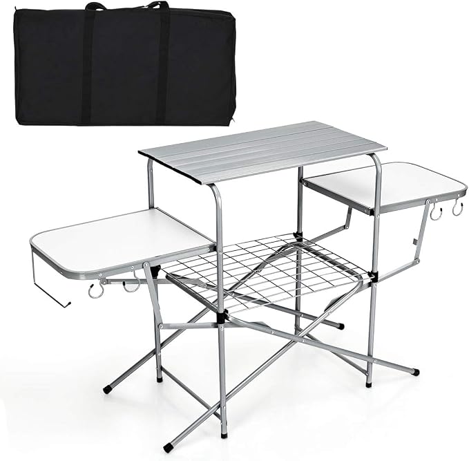 GYMAX Aluminum Folding Camping Table, Outdoor Grill Table with Side Table, Hooks & Carry Bag, Heavy Duty Picnic Table for Outdoor Backyard, Beach RVing Barbecue (Silver)