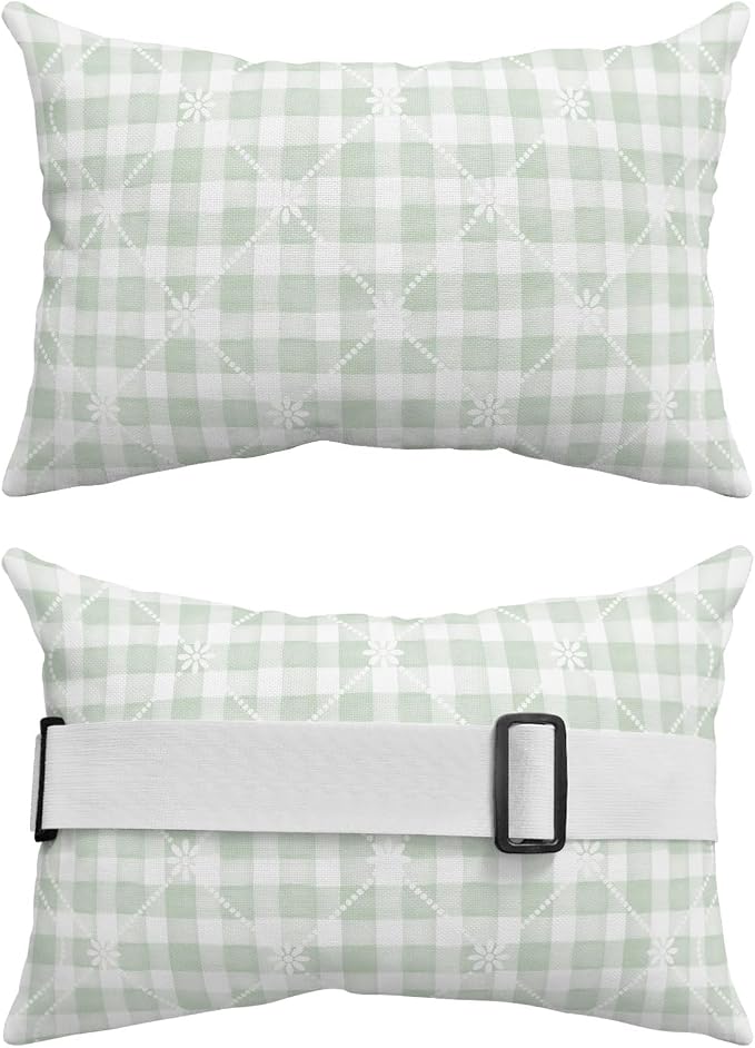 Sage Green Plaid White Lattice Flower Chaise Lounge Head Pillow, 1 Pack Outdoor Recliner Pillow with Insert&Adjustable Elastic Strap, Minimalist Style Waterproof Throw Pillows for Patio Beach Chair