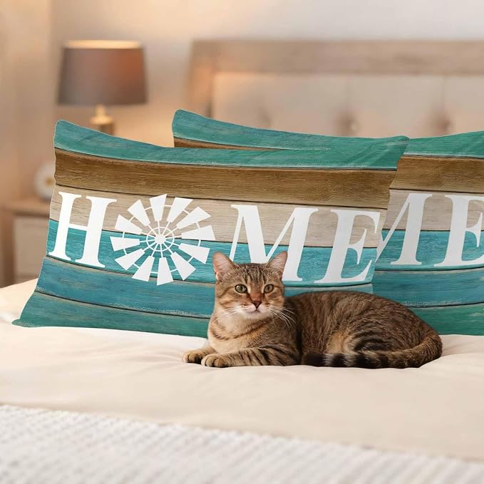 Outdoor Pillow Covers Set of 2, Home Windmill Farmhouse Wooden Decorative Throw Pillow Covers 20X12IN, Farm Teal Wood Board Throw Pillows Protector Cushion Case for Patio,Couch,Sofa,Garden