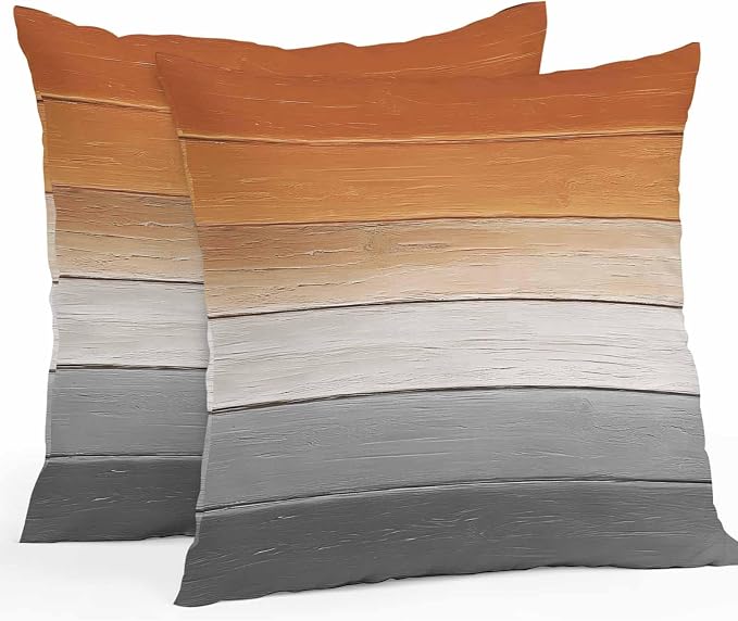 Orange Gray Outdoor Pillow Covers 20x20 Inch Throw Pillow Covers Set of 2 Waterproof Decorative Pillow Cases Farmhouse Retro Gradient Wooden Grain Cushion Covers for Patio Furniture Garden Couch Sofa