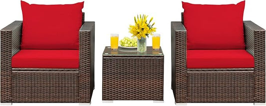 HAPPYGRILL 3 Piece Patio Furniture Set PE Rattan Wicker Sofa Set with Cushions and Coffee Table Outdoor Patio Conversation Set for Garden Poolside Balcony