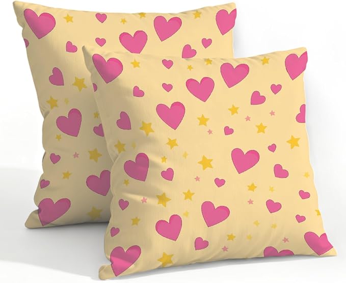 22x22 Inch Outdoor Pillow Covers Set of 2 Waterproof Throw Pillow Covers Decorative Couch Cushion Covers Pink Hearts Yellow Stars Square Pillowcases Protectors for Patio Garden Sofa