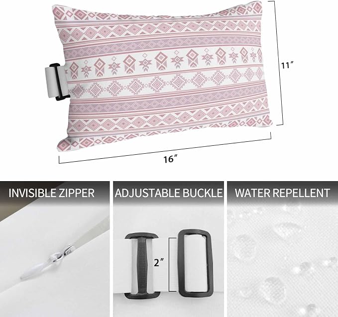 Outdoor Lumbar Pillow Set of 2, Pink Boho Striped Waterproof Beach Headrest Pillow with Inserts, Southwestern Ethnic Tribe Vintage Recliner Throw Pillows for Patio Furniture, 11 x 16