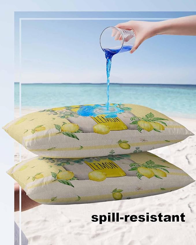 Eucalyptus Leaves Outdoor Pillow Covers Pack of 2, Yellow Stripes Vase Lemon Waterproof Pillow Covers Seasonal Spring Summer Throw Pillowcase for Patio Funiture Garden Tent, 12 x 20 inch