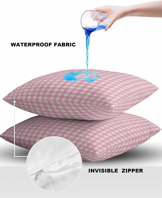 Outdoor Waterproof Throw Pillow Covers Set of 2 Pink Buffalo Plaid Pillowcases 20x20 Inches Linen Classic Checked Patio Decorative Pillows Cushion Case Patio Pillows for Couch Bed Chair Garden
