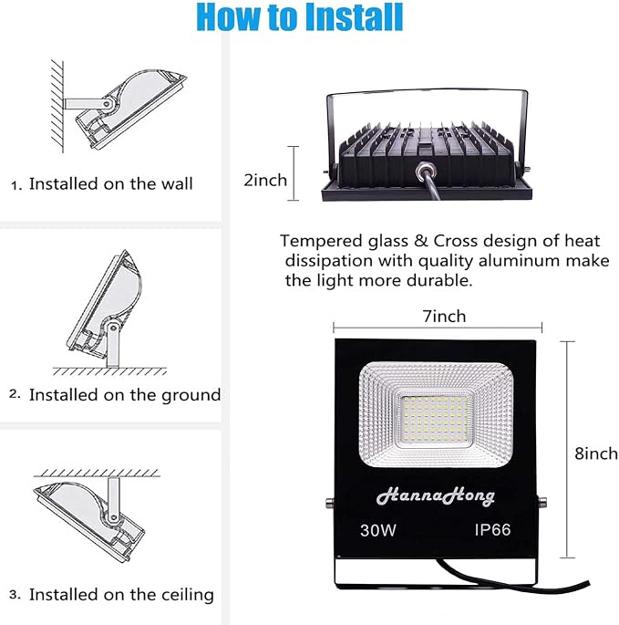 30W LED Flood Light Plug in,Super Bright Security/Work/Plant Grow Light,IP66 Waterproof Outdoor,Reflector Spotlight for Porch,Garage,Patio,Yard,Garden 2 Pack