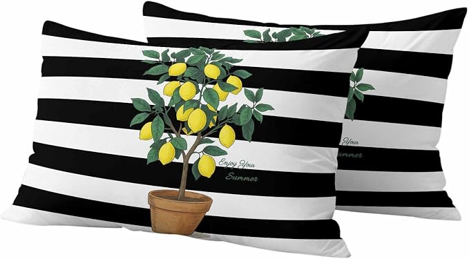Summer Lemons Outdoor Waterproof Pillow Covers Set of 2, Yellow Fruit Leaf Black White Striped Abstract Pillowcase Decorative Throw Cushion Cases for Patio Garden Couch 20 x 12 Inches