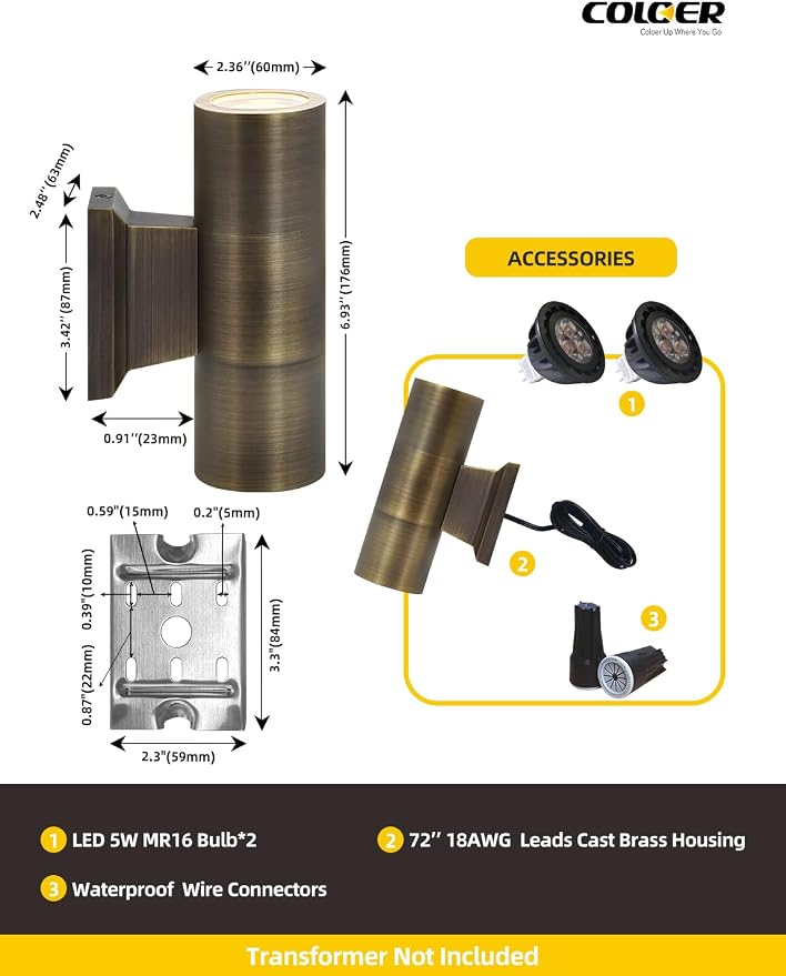 COLOER Brass Outdoor Cylinder Wall Lights(Bronze 6.875" H x 4.25" W) with 5W LED MR16, 12V Low Voltage Porch Light in 2 Lights, 2700K Up Down Lights, Outside Light for House Porch Patio Door