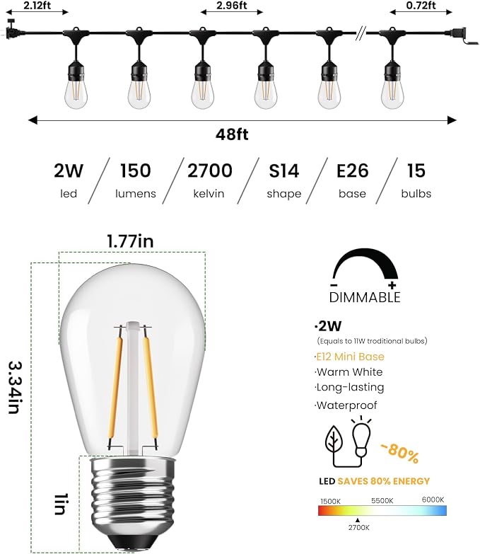 Svater 48 FT Outdoor String Lights 2W, Commercial Grade Patio Light with 15 pc Edison Shatterproof Bulbs, IP65 Waterproof LED Hanging Lighting for Bistro Cafe Market Outside Backyard, Warm White 2700K | Outside Patio Light with Shatterproof Antique Edi...