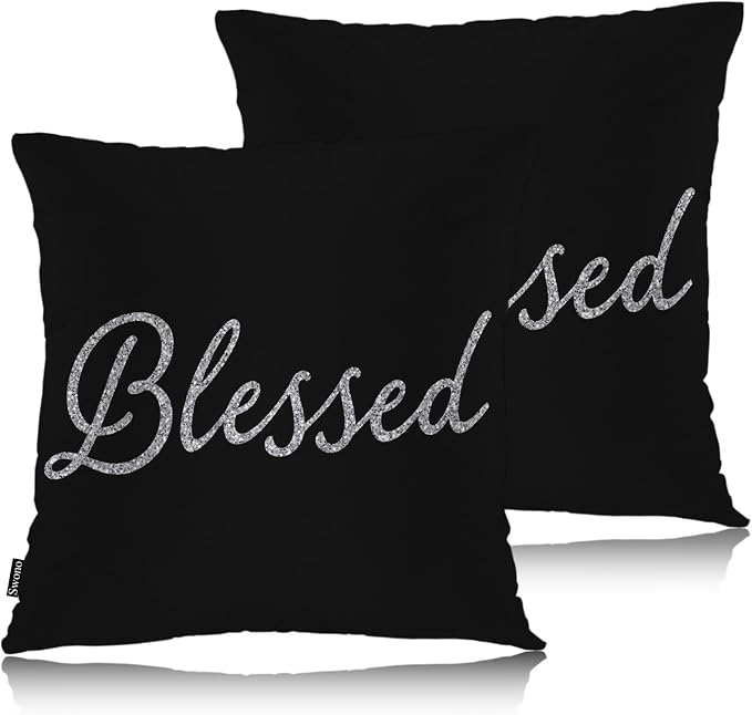Swono Throw Pillow Covers Blessed, Bible Verse Blessed Accent Cushion Covers Decorative Pillowcase for Men Women, Christian Quote Sofa Bed Pillows Covers 18x18 Inch, Set of 2, Sparkling Black