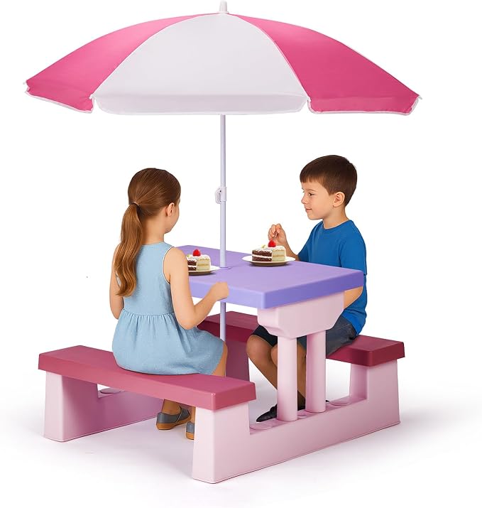 Kids Table and Chair Set, Toddler Plastic Outdoor Table & Bench Set with Removable Umbrella, Children Picnic Table Fits 4 Children for Backyard Garden, Pink & Purple