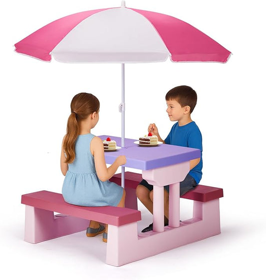 Kids Table and Chair Set, Toddler Plastic Outdoor Table & Bench Set with Removable Umbrella, Children Picnic Table Fits 4 Children for Backyard Garden, Pink & Purple