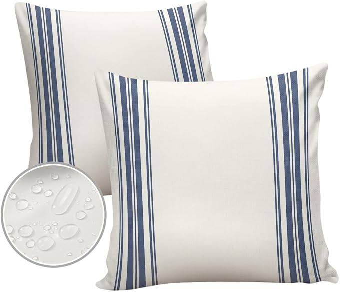 Outdoor Waterproof Pillow Covers for Patio Furniture Blue Ticking Vertically Stripe Decorative Throw Pillow Cover Simple Style White Pillowcases Set of 2 Cushion Case for Sofa Couch Chair 20x20 In