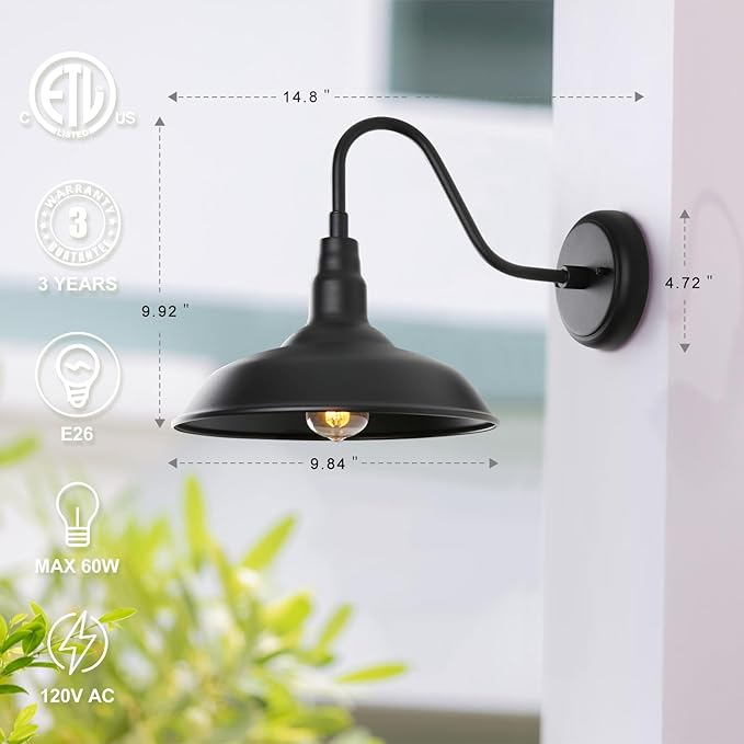 10in Dome Outdoor Barn Light with Wall Mount 2 Pack Black Exterior Gooseneck Lights Farmhouse Style Outdoor Barn Wall Lights Garage Outside Wall Sconce for House, Porch, Patio, Yard